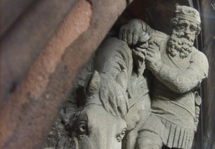 Karl entdeckt die heißen Schwefelquellen Aachens, Relief 19. Jahrhundert, Aachen
